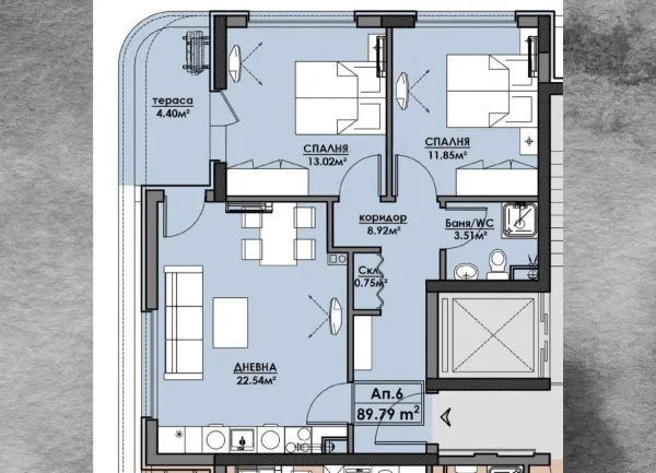 Трёхкомнатная квартира 89,79 м² в комплексе Atlas 1, квартал Азимут, Бургас
