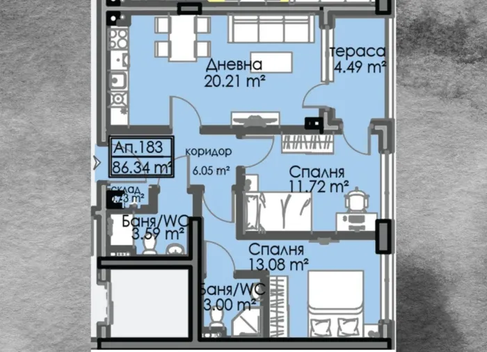 Трёхкомнатная квартира 86 м² с отделкой под ключ в Atlas 4, Бургас