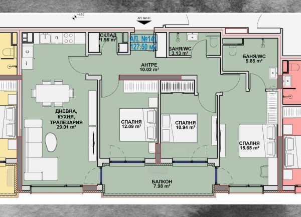 Четырёхкомнатная квартира 128 м² с тремя спальнями в Azimuth Ring, Бургас